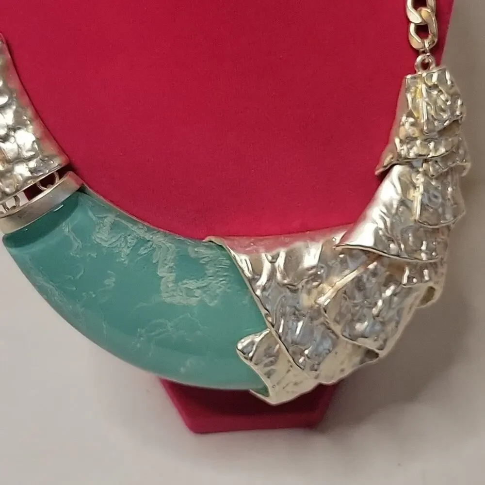 Silver Tone Statement Chunky Blue Glass Crescent Moon Pendant 14